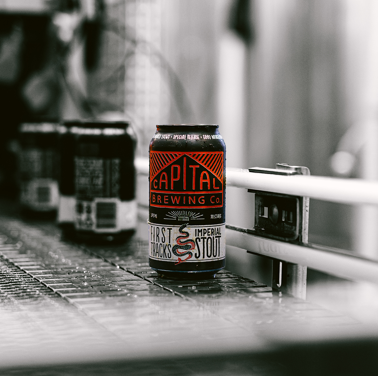 First Tracks Imperial Stout Can on the Canning Line