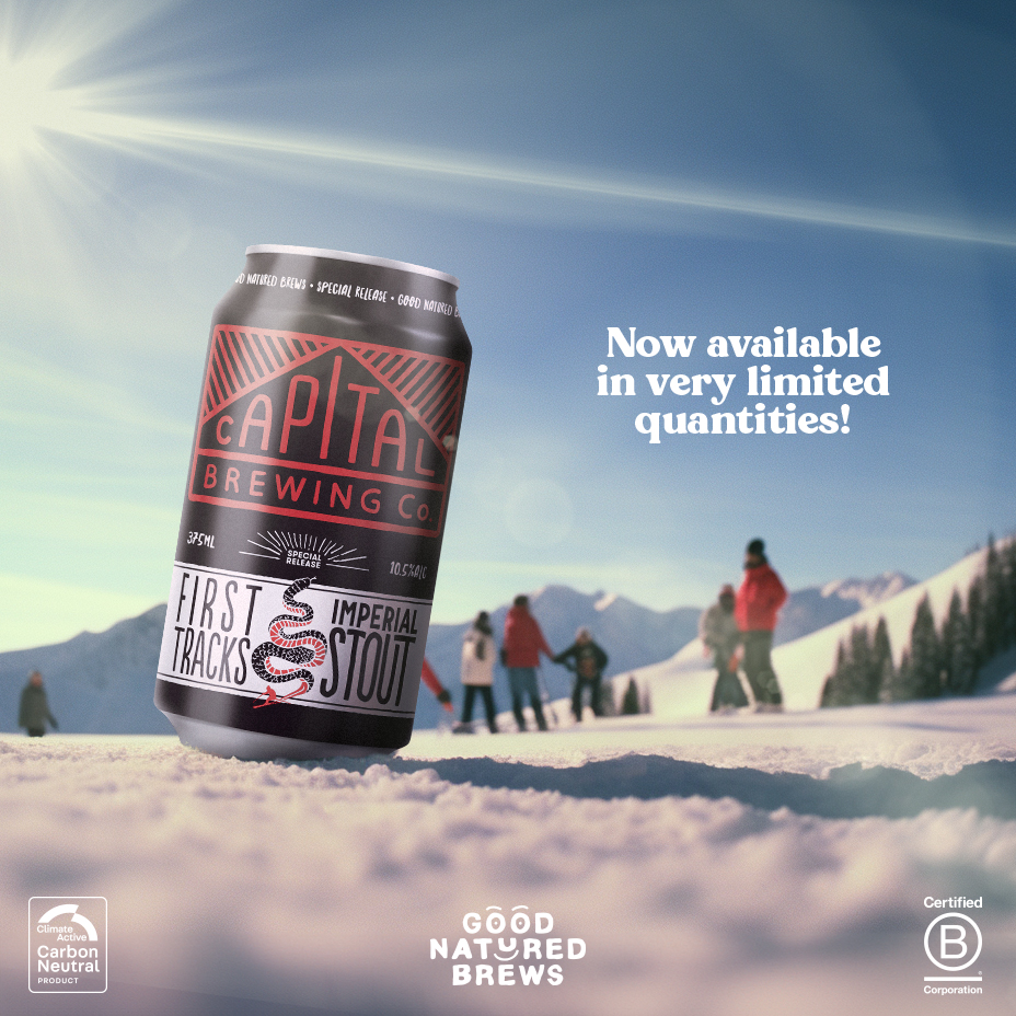 First Tracks beer can sitting in a snowy landscape. Image indicated availability in limited quantities.