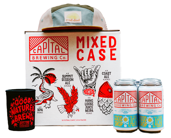 A stubby holder, Case of Mixed Capital Brews, 4 pack of Good Drop Low Carb Lager and a hat that reads 'Rad Dad'