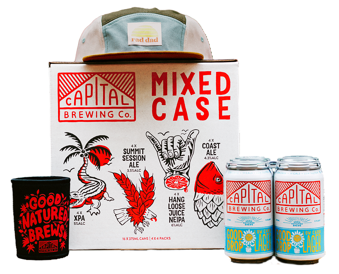 A stubby holder, Case of Mixed Capital Brews, 4 pack of Good Drop Low Carb Lager and a hat that reads 'Rad Dad'